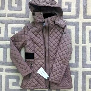 CALVIN KLEIN Performance Quilted Jacket WOMEN XS Zip Hood Lined Slim Taupe Brown